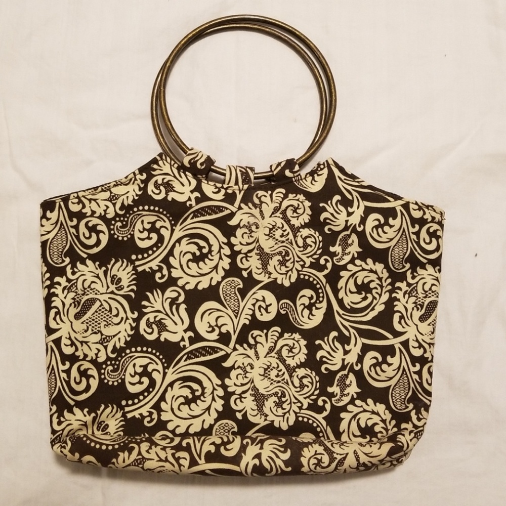 Purse, metal double loop handle, paisley, brown